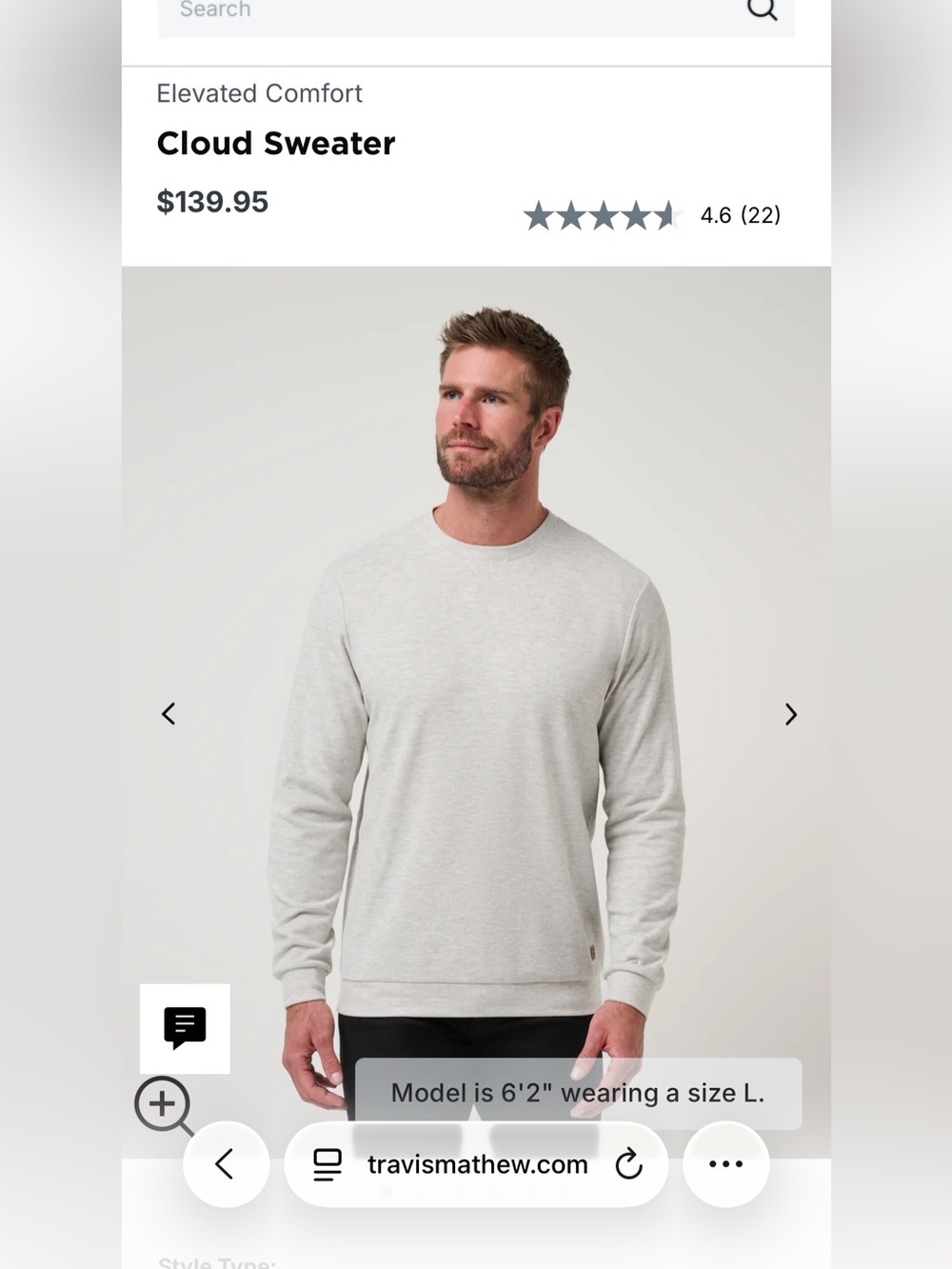 Travis Mathew Men's Cloud  Crewneck Sweater in Light Gray website $140 worn once